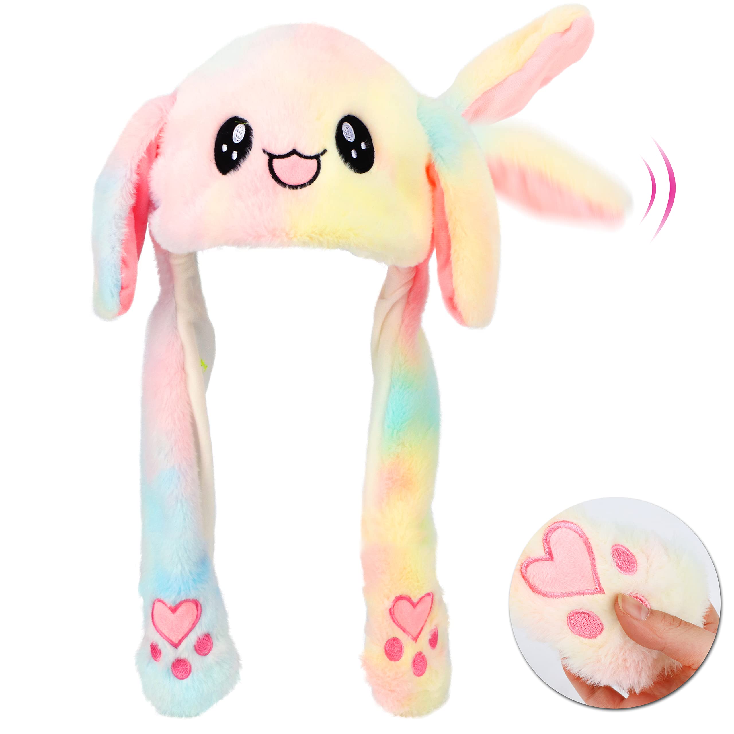 Bubblepompom Rainbow Bunny Hat with movable ears for playful photos and videos.