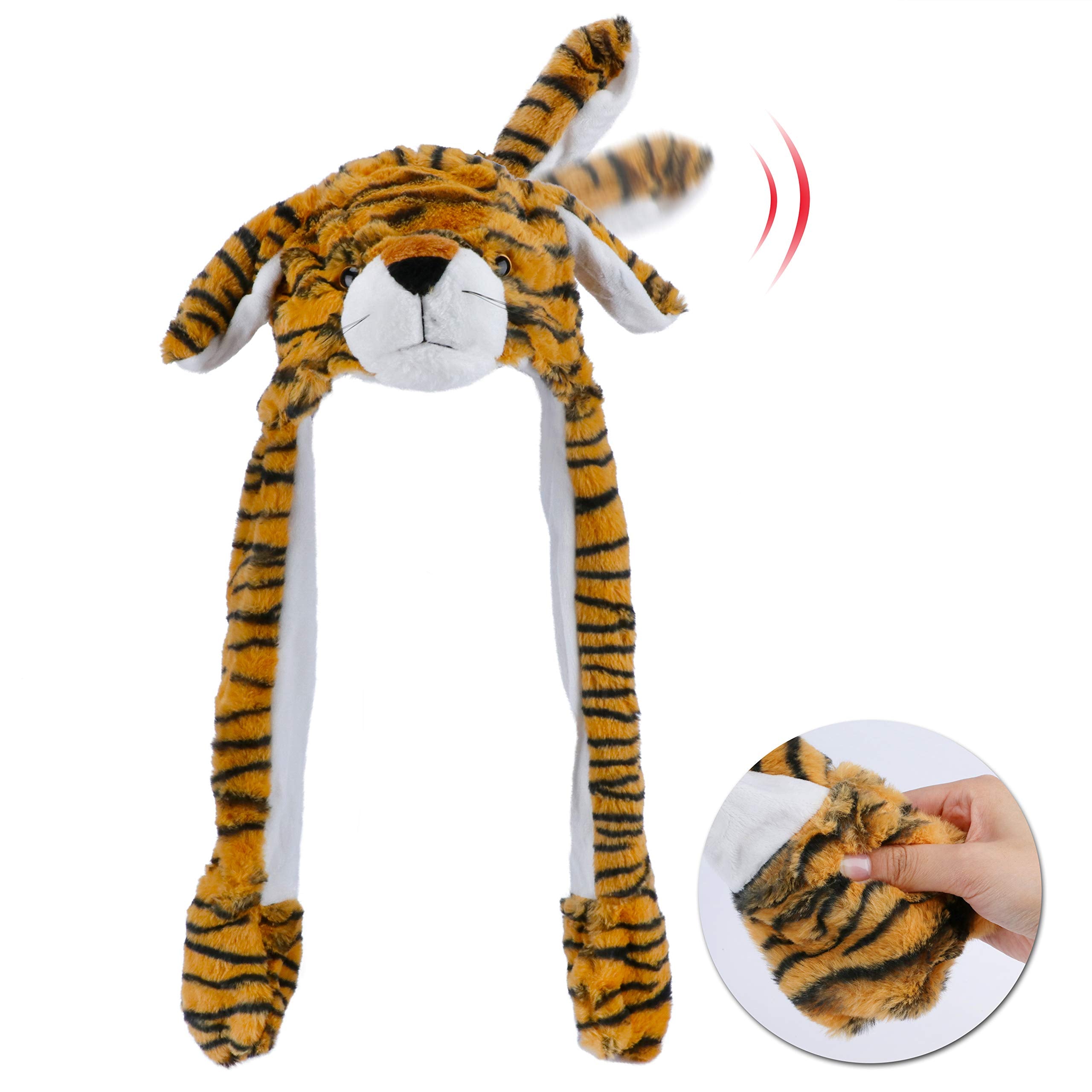 Bubblepompom tiger hat with movable ears, front view ideal for cute photos.