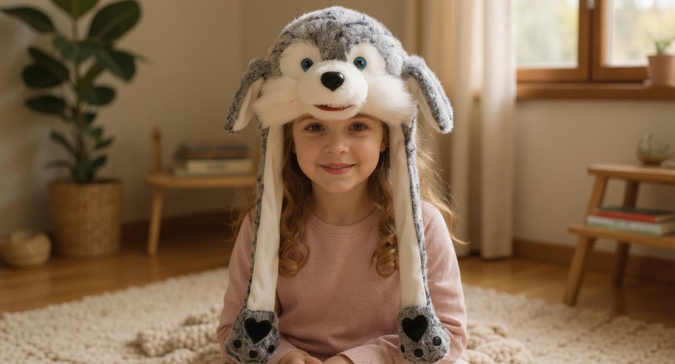 Bubblepompom wolf hat in action during photoshoot, perfect for fun memories.