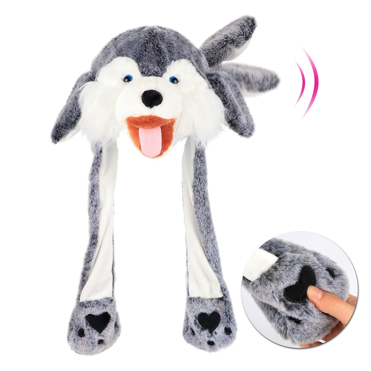 Bubblepompom wolf hat with moving ears front view, soft plush for cute photos.