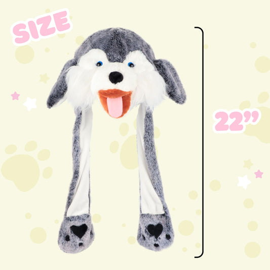 Bubblepompom wolf hat moving ears close-up highlights the movable feature.
