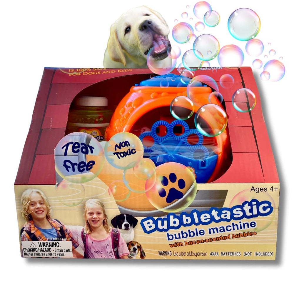 Bubbletastic Bacon Bubble Machine for Dogs front view with bacon-scented bubbles.