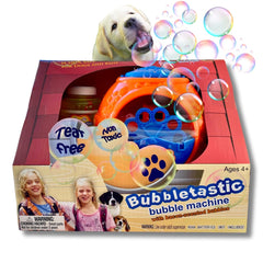 Bubbletastic Bacon Bubble Machine for Dogs front view with bacon-scented bubbles.