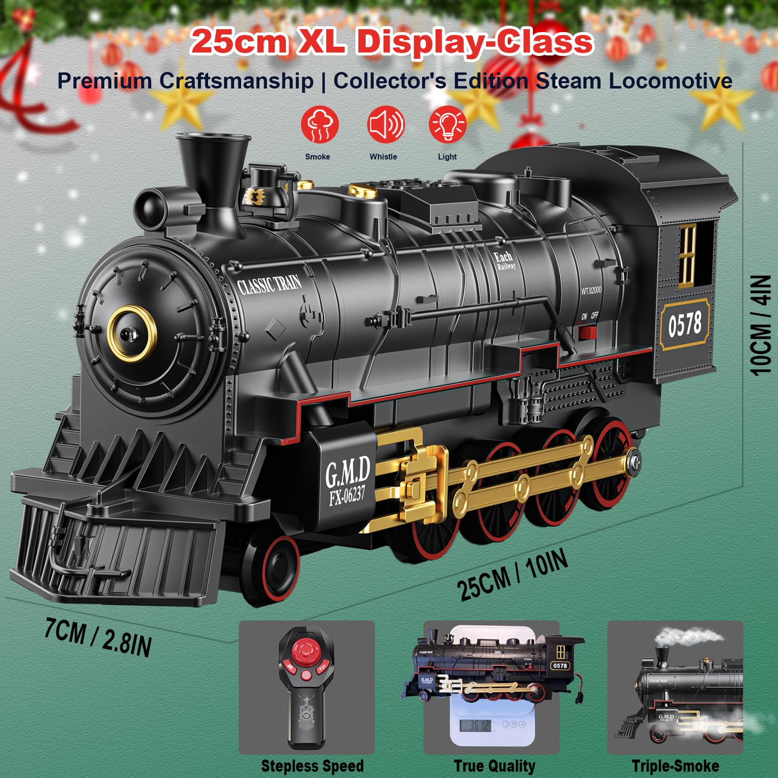 BUBUQE Christmas train emits smoke for magical ambience.