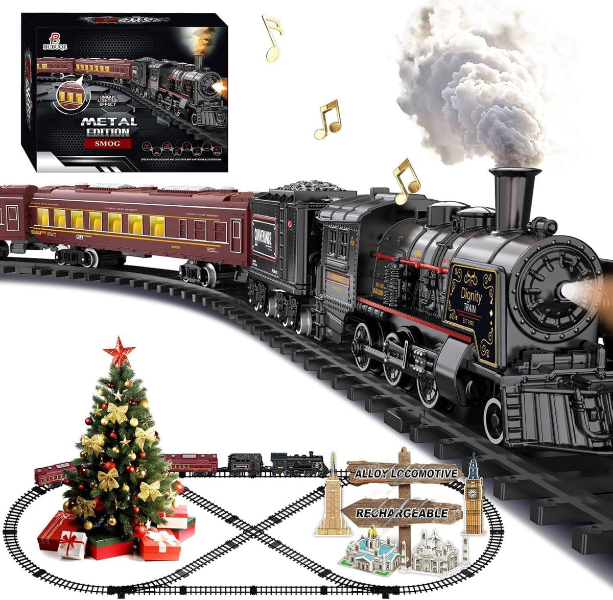 BUBUQE electric locomotive alloy with glowing headlight for festive play.