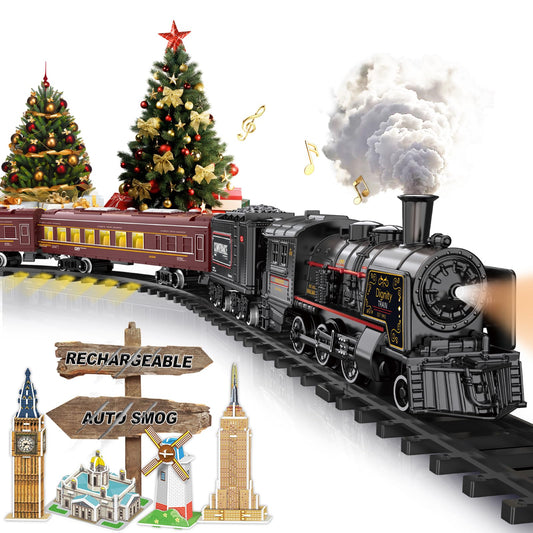 BUBUQE electric train locomotive enhances durable alloy play with realistic steam features.