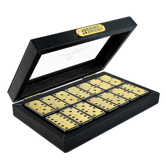 Bucher&Rossini domino tiles in a leather case for travel and tidy storage.