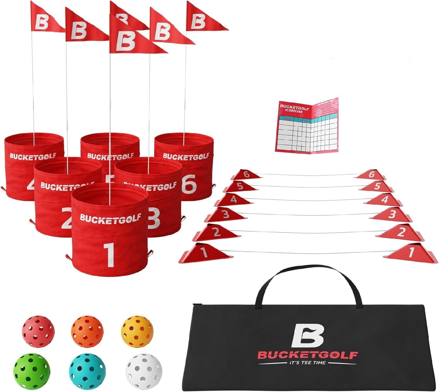 Bucketgolf 6-hole setup on a sunny lawn enabling quick backyard play