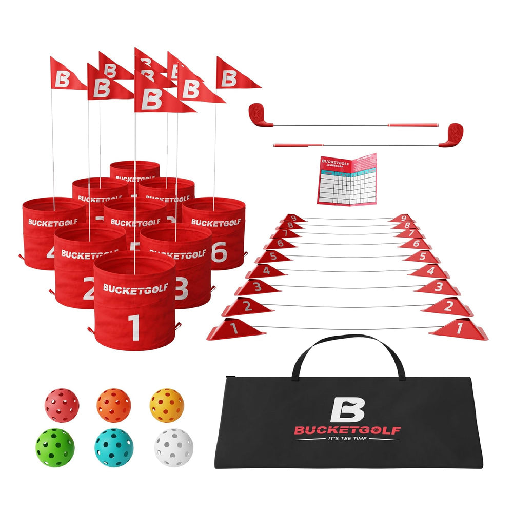 BucketGolf 9-Hole Bundle, outdoor play setup for all ages, perfect in backyards, parks, and beaches.
