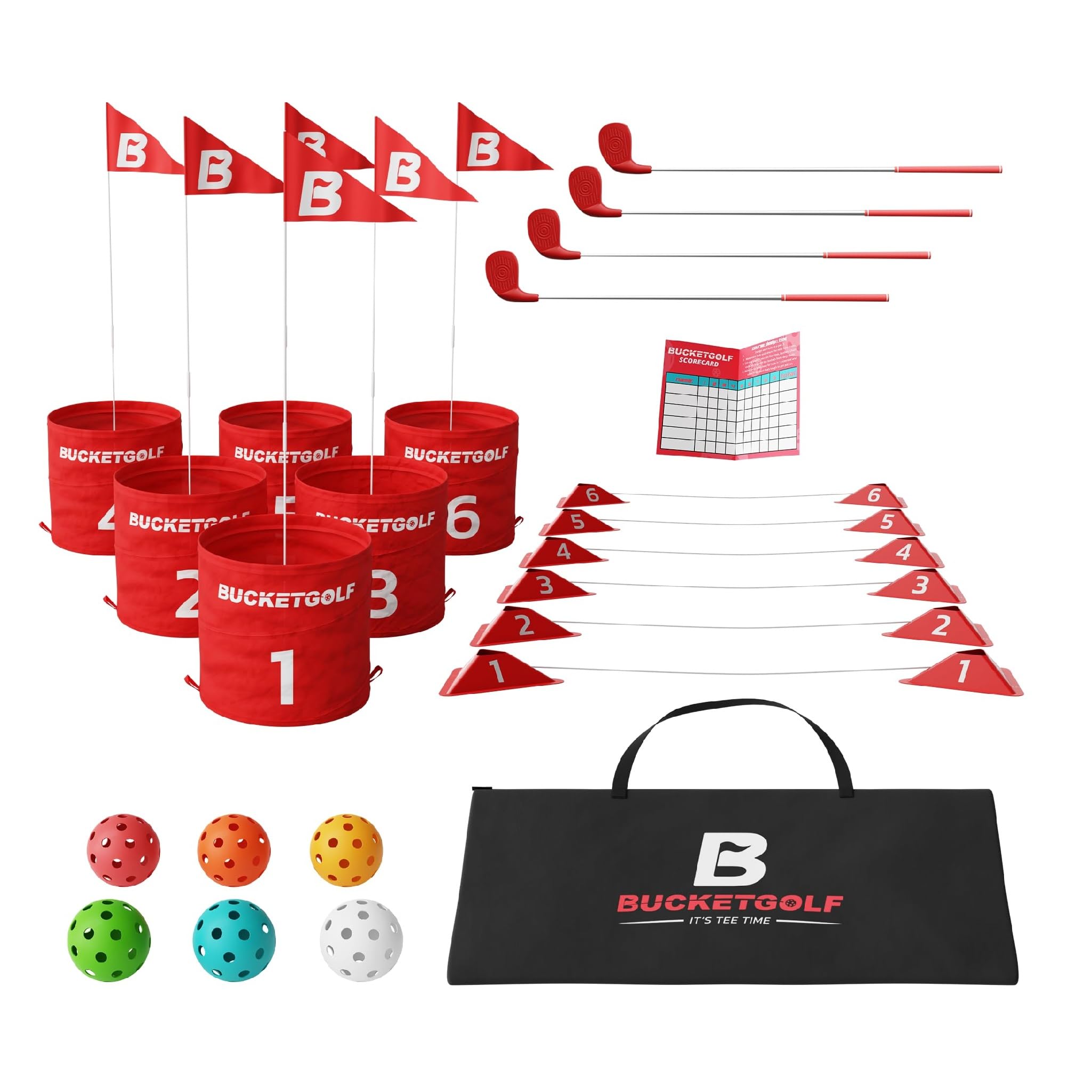 Bucketgolf six-hole bundle setup with compact carry bag for easy transport.