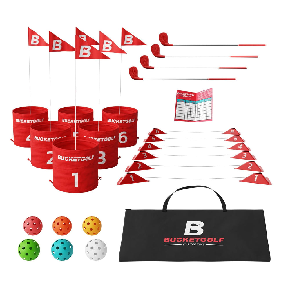 Bucketgolf six-hole bundle setup with compact carry bag for easy transport.