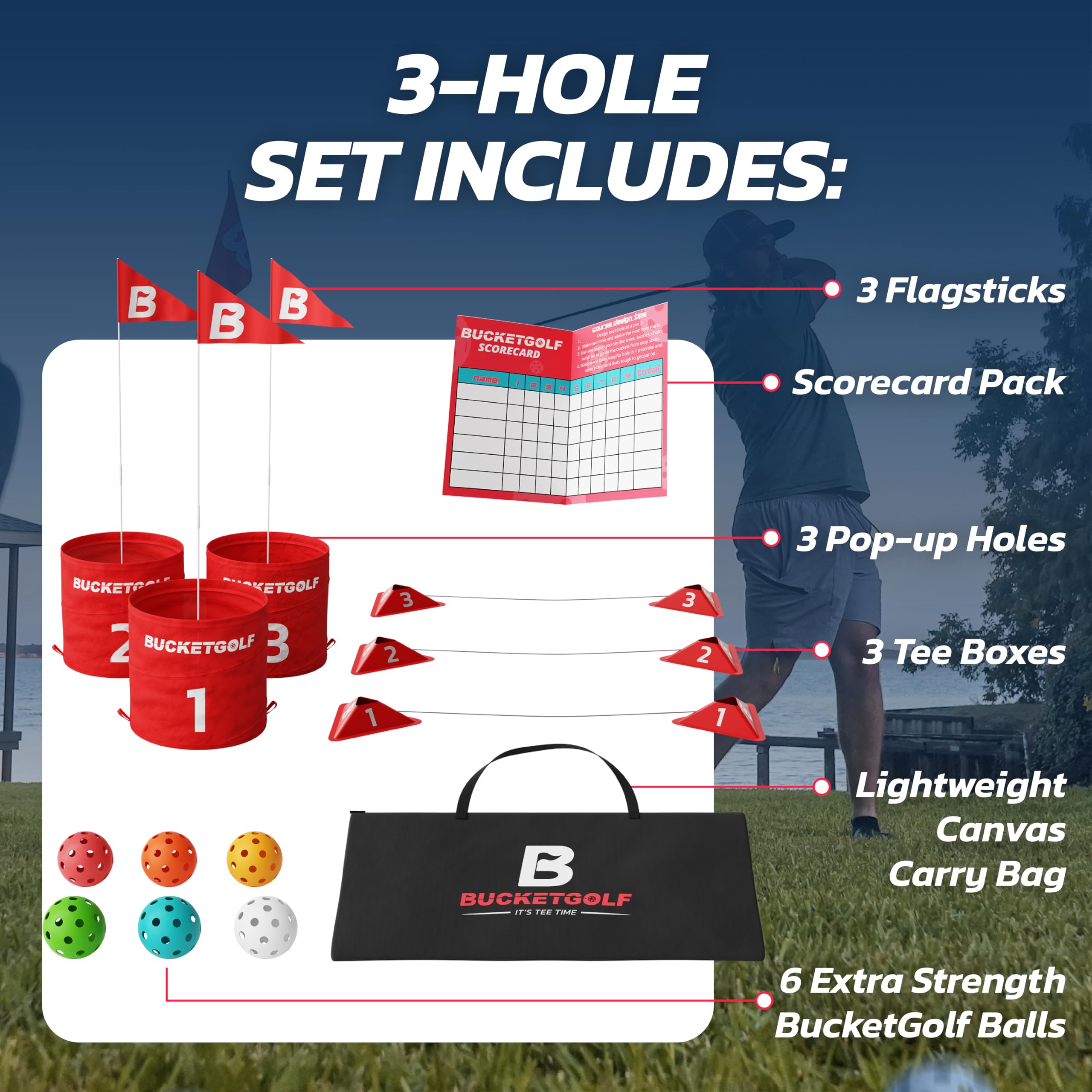 Bucketgolf Original Game 3-Hole Travel Set in compact bag supports park or camping play