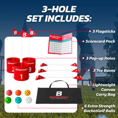 Bucketgolf Original Game 3-Hole Travel Set in compact bag supports park or camping play