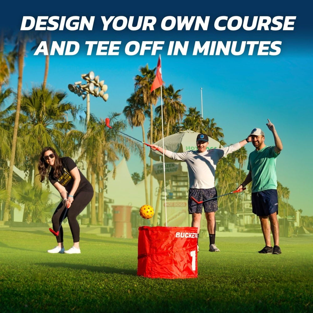 bucketgolf Original Game 3-Hole Travel Set with compact carry bag for quick transport