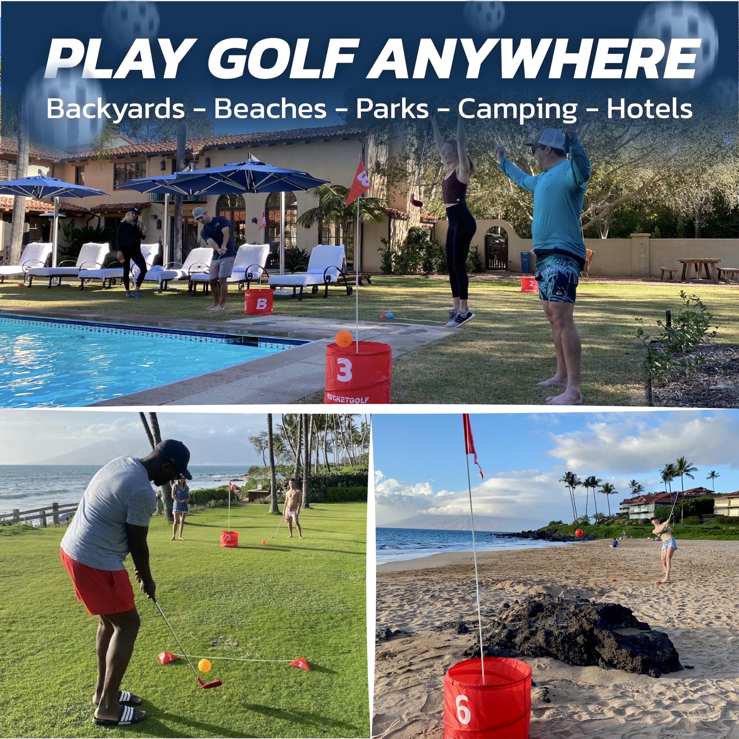 bucketgolf Original Game 3-Hole Travel Set for family fun at yard, park, or beach