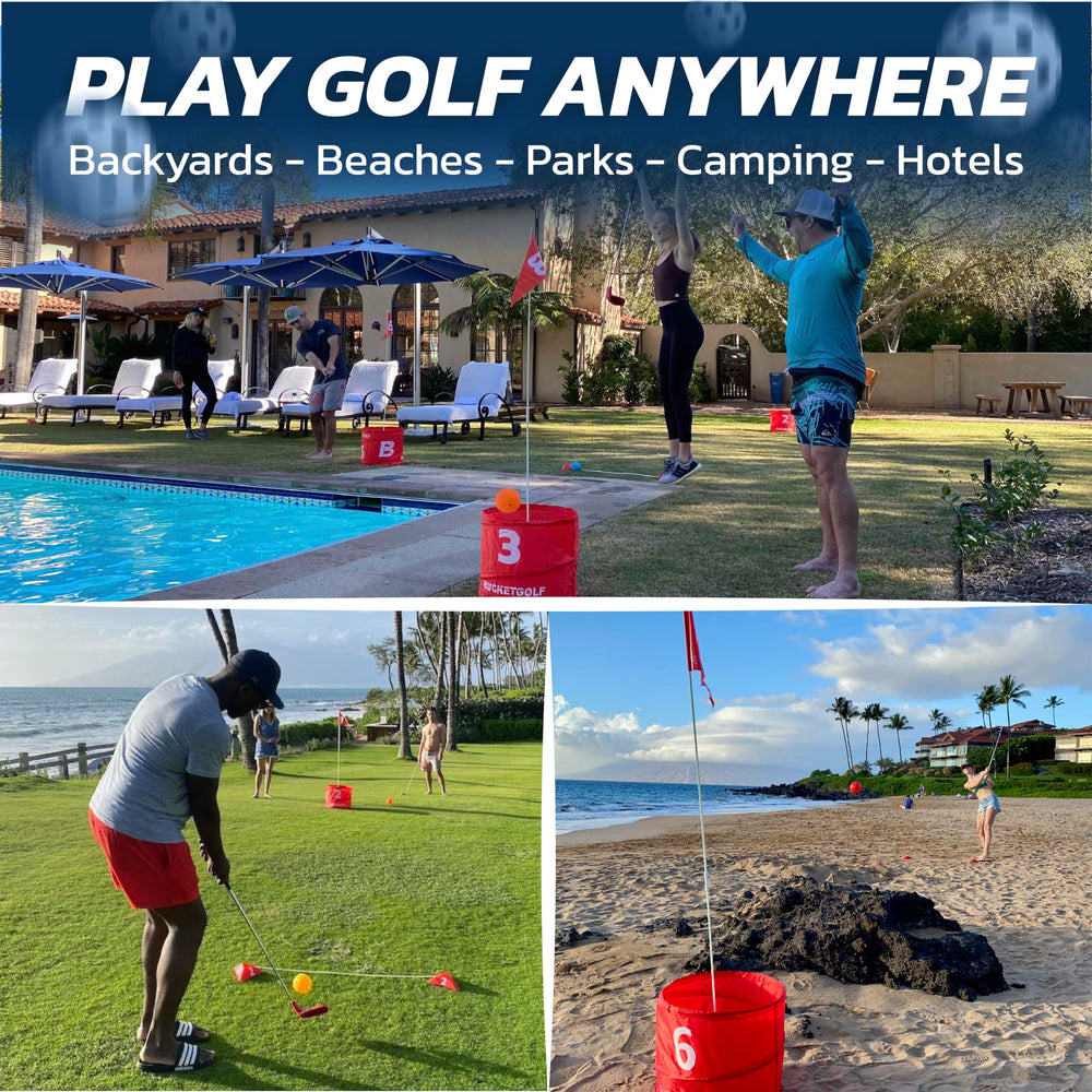 bucketgolf Original Game 3-Hole Travel Set for family fun at yard, park, or beach