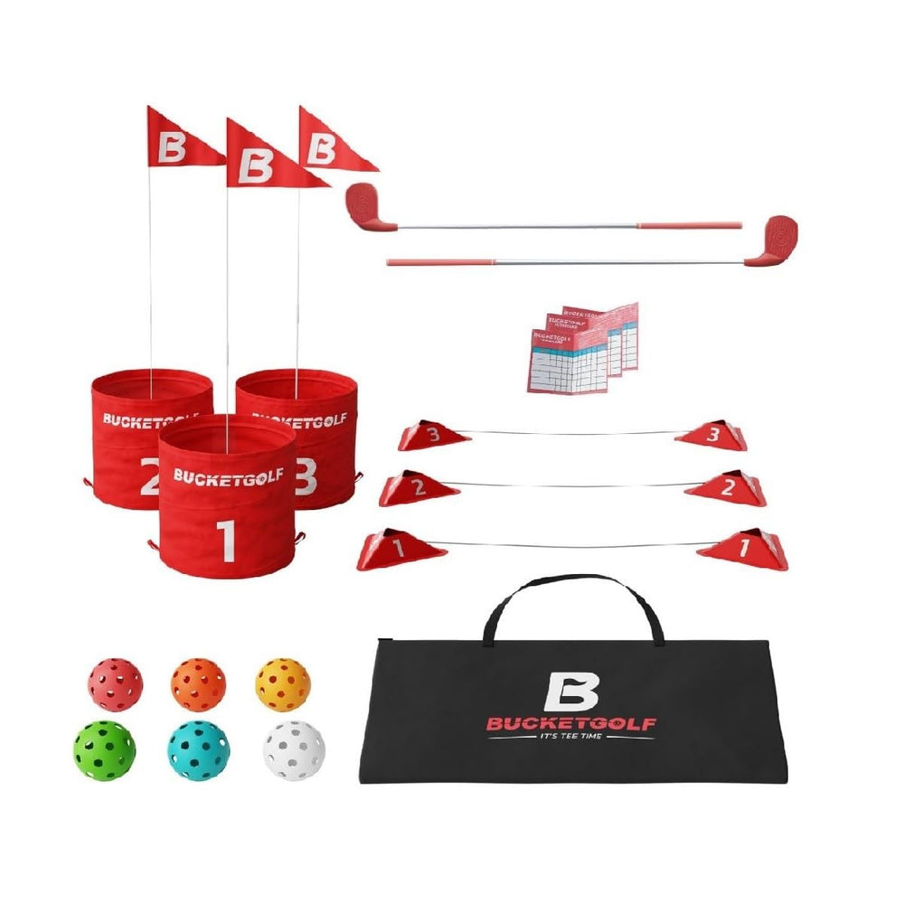 Bucketgolf Original Game 3-Hole Travel Set ready for backyard and travel play.