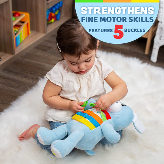 Buckle Toys Barkley Dog montessori-pocket highlights zipper activity for fine motor engagement.
