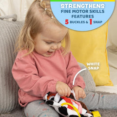 Bessie Cow five-buckles design promotes hands-on problem solving.