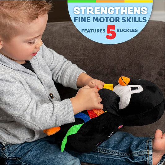 Buckle Toys Blizzard Penguin embroidered numbers and shapes aid early recognition and counting.