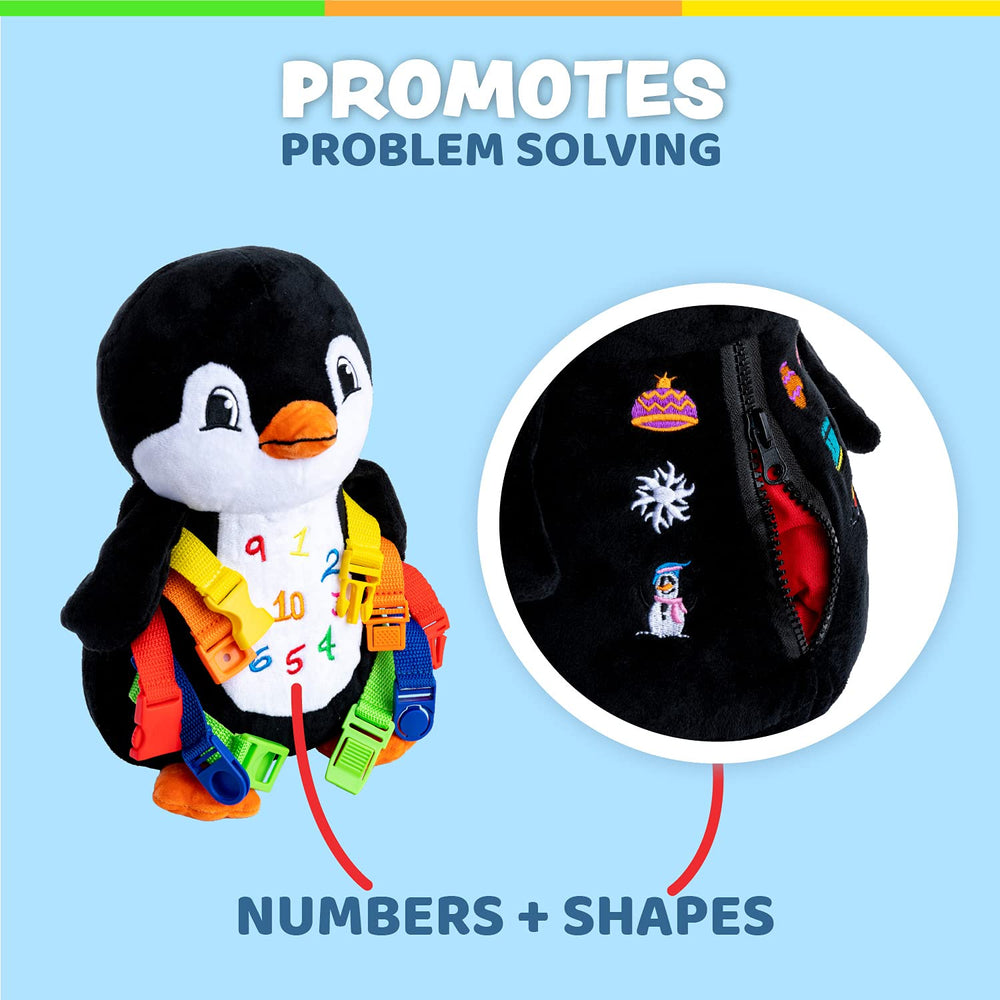 Buckle Toys Blizzard Penguin measures 11x6 inches, compact for travel and small play spaces.
