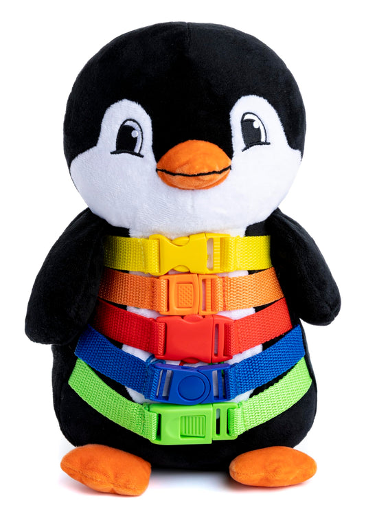 Buckle Toys Blizzard Penguin zipper pocket for on-the-go fine motor practice.