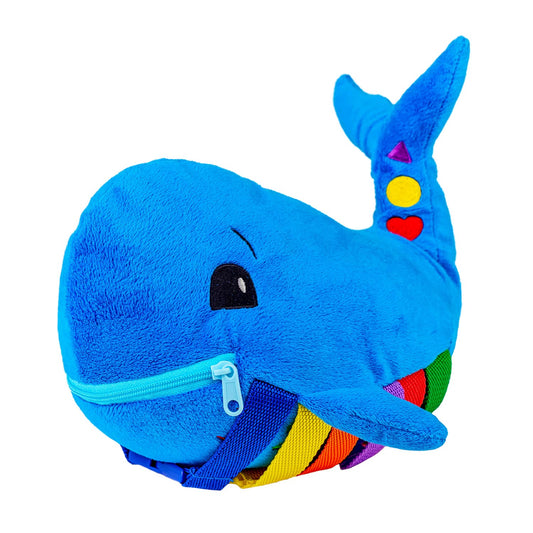 Buckle Toys Blu Whale displays bright colors for color recognition and counting practice.
