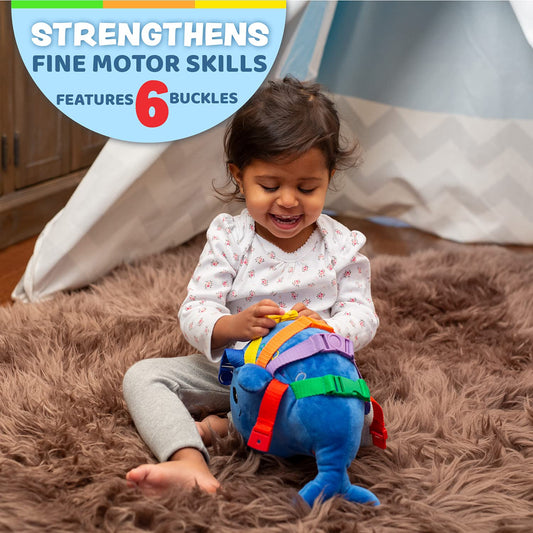 Blu Whale's zipper pocket invites interactive play and fine motor exploration on the go.
