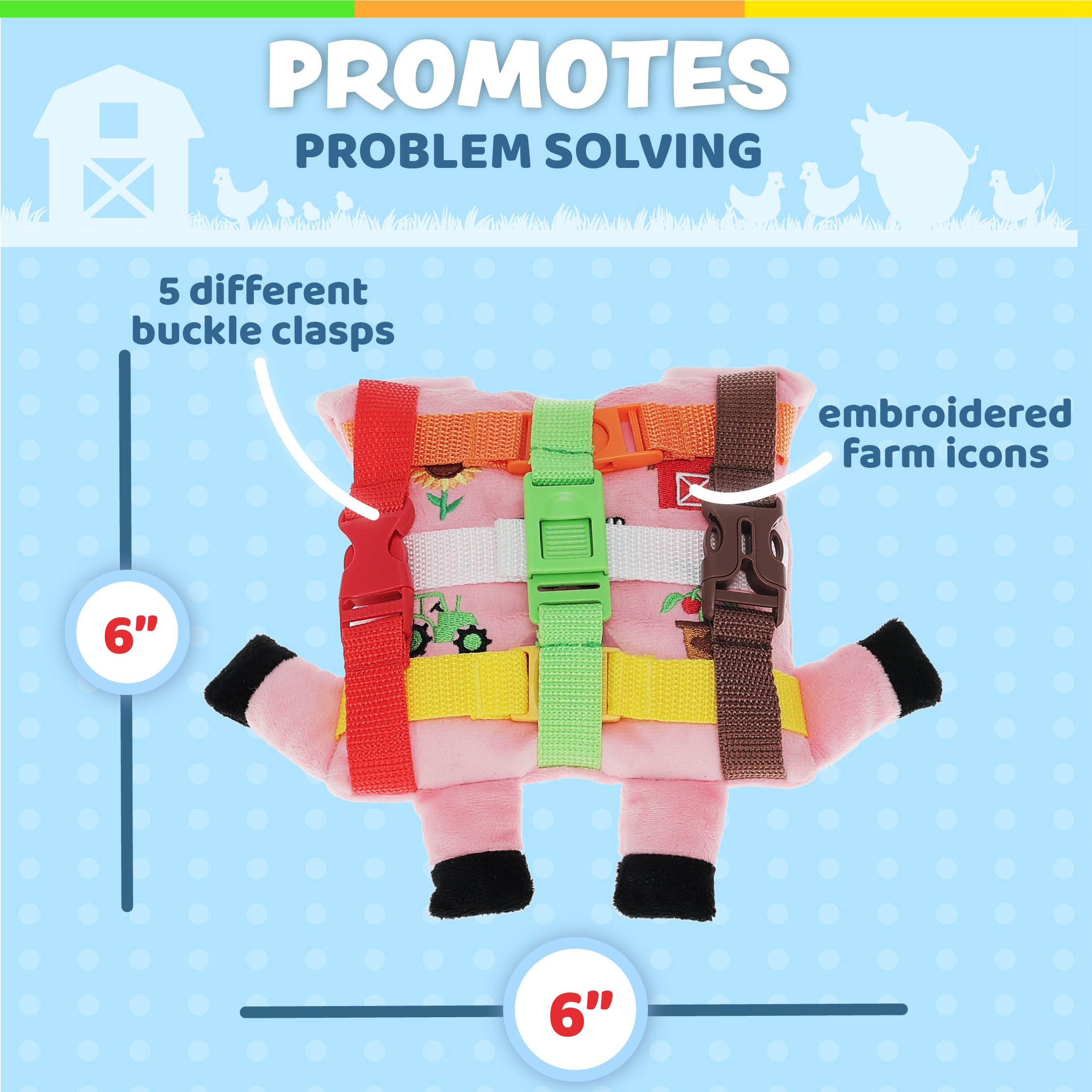 Bright plush design engages toddlers with vibrant colors and farm-themed shapes