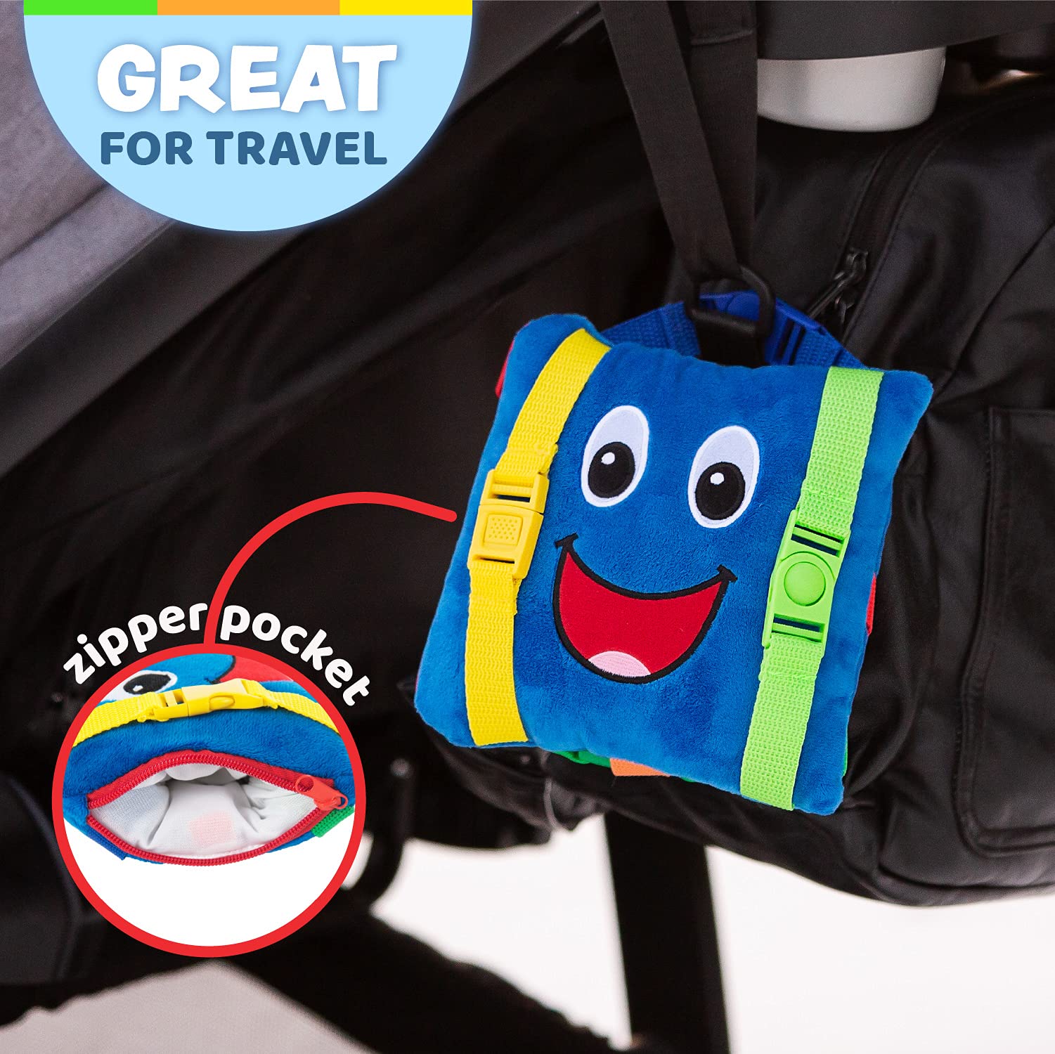 Buckle Toys Boomer Square travel clip fits strollers or car seats