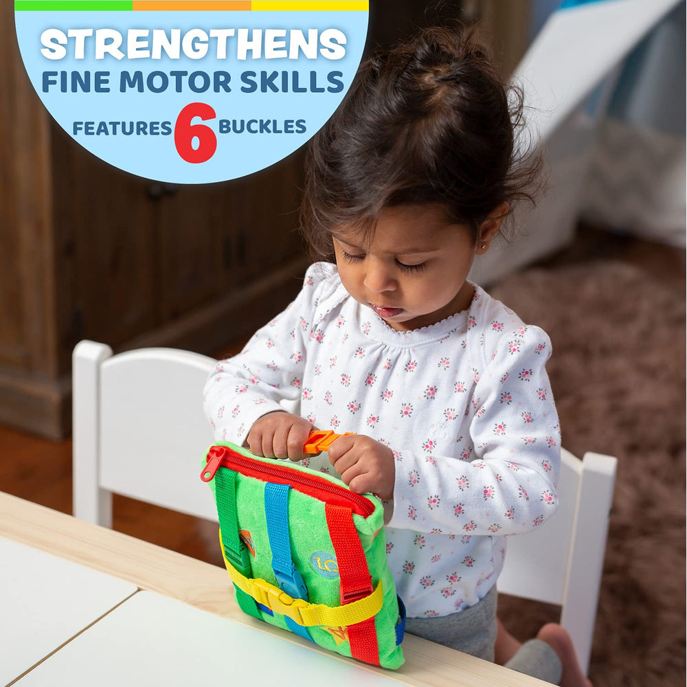 Buckle Toys Buster Square features six buckles with clasps for fine motor practice.