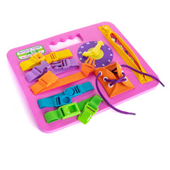 Buckle Toys Busy Board pink built-in-handle for easy travel and comfortable grip.