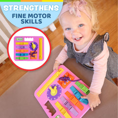 Buckle Toys Busy Board pink clock feature to support early time-telling during calm play.