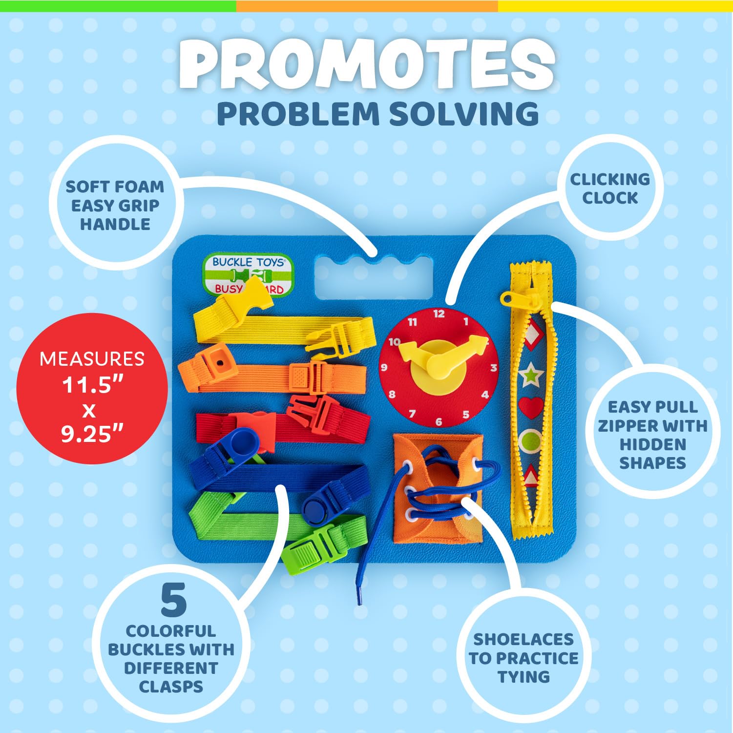 Buckle Toys Busy Board featuring shoelace section for coordination exercises