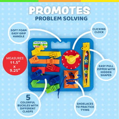 Buckle Toys Busy Board featuring shoelace section for coordination exercises
