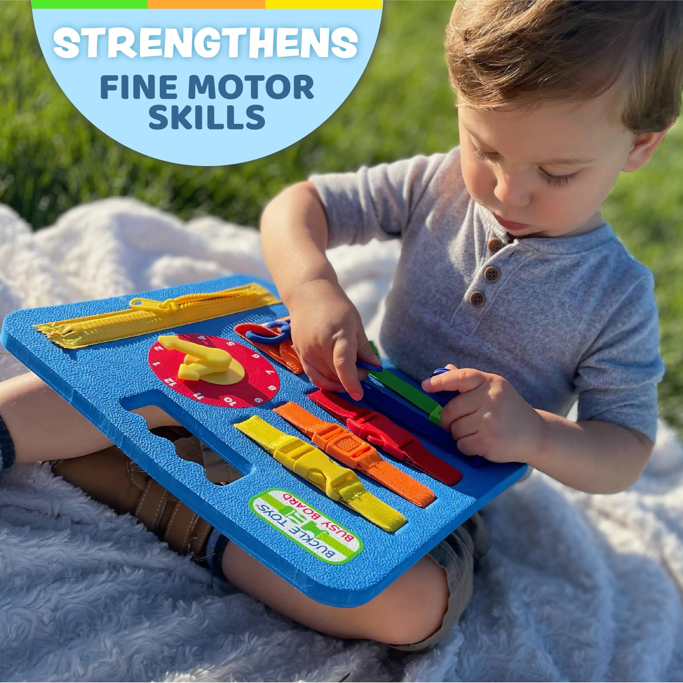 Buckle Toys Busy Board with zipper activity for tactile problem solving