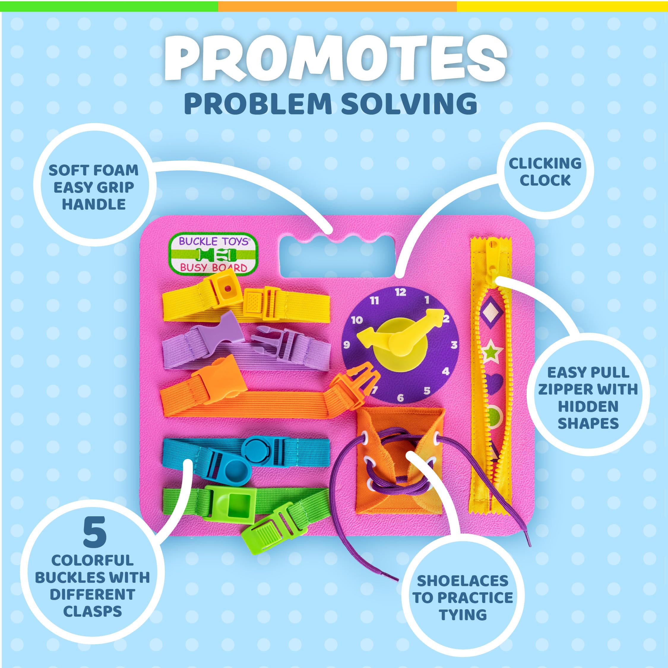 Buckle Toys Busy Board pink zipper-shapes inviting tactile exploration and motor planning.
