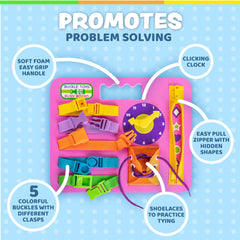 Buckle Toys Busy Board pink zipper-shapes inviting tactile exploration and motor planning.