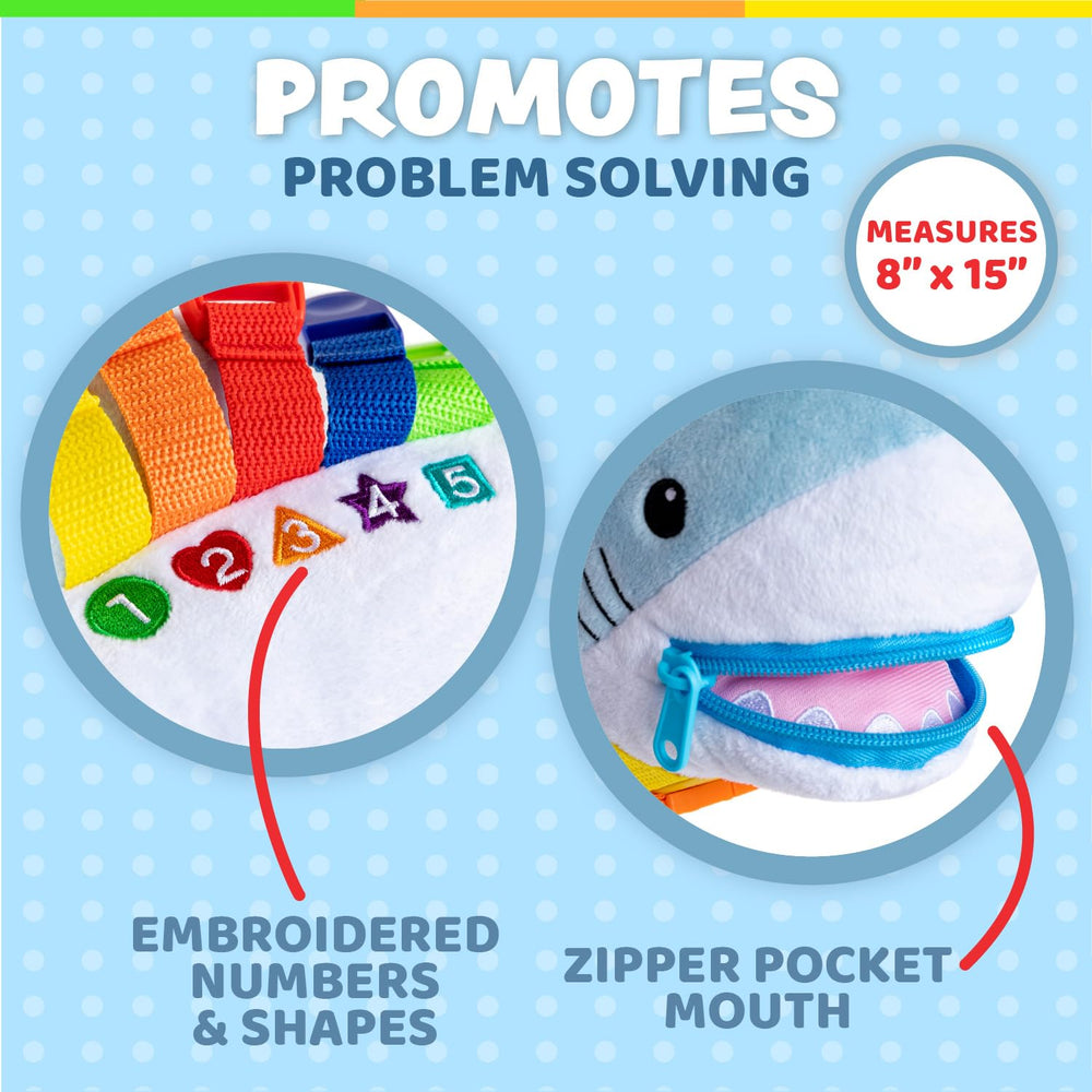 Close-up of Bruce Shark's zipper pocket for hands-on learning.