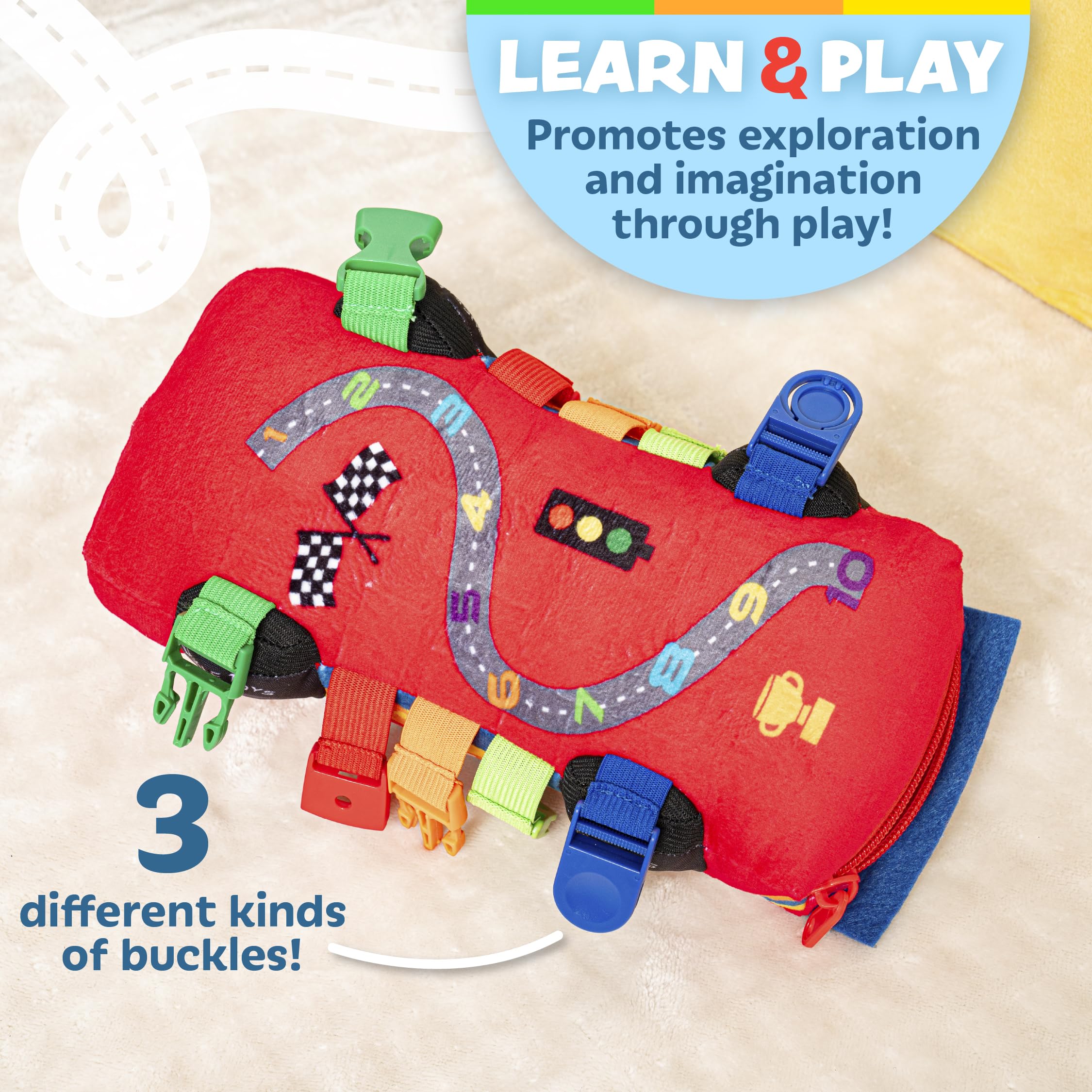 Spoiler detail with Buckle Up encourages safe driving habits during play.