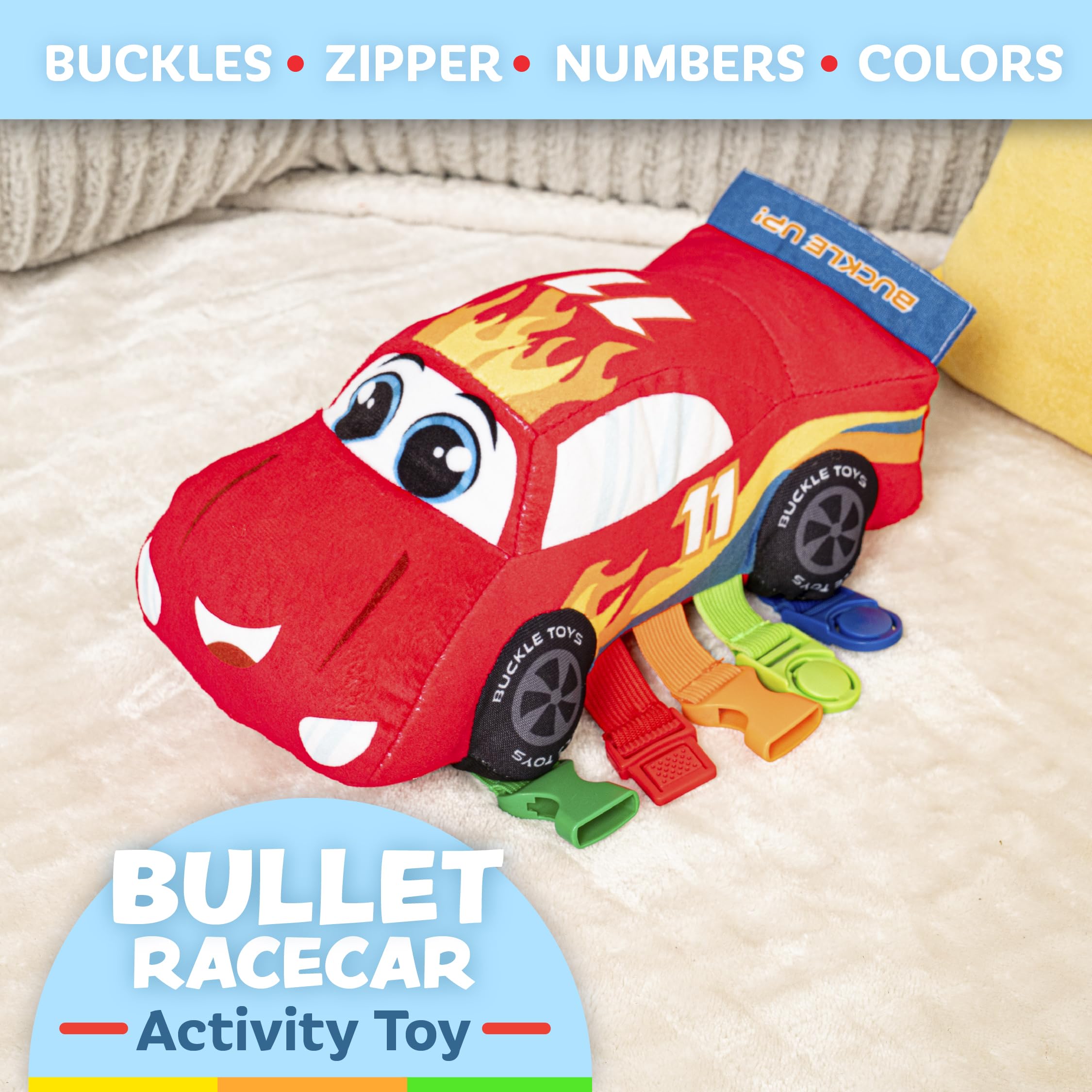 Bullet Racecar features embroidered numbers on the track for counting practice by Buckle Toys.
