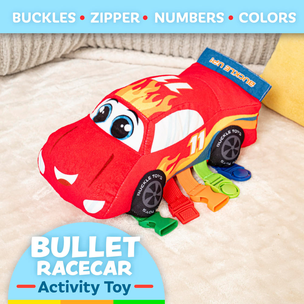 Bullet Racecar features embroidered numbers on the track for counting practice by Buckle Toys.