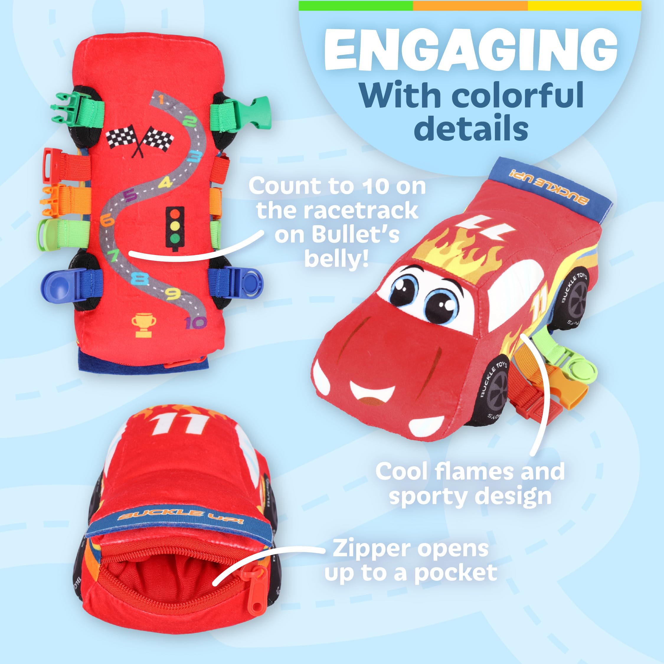 Zippered pocket on the Bullet Racecar provides space for tiny treasures and surprises.