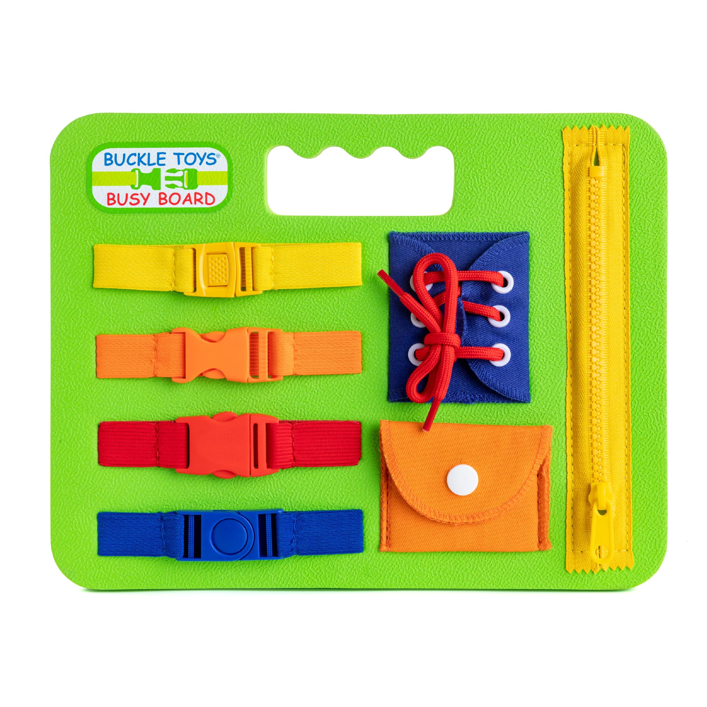 Bucke Toys Busy Board green foam base for portable fine motor play in toddlers