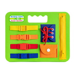 Bucke Toys Busy Board green foam base for portable fine motor play in toddlers