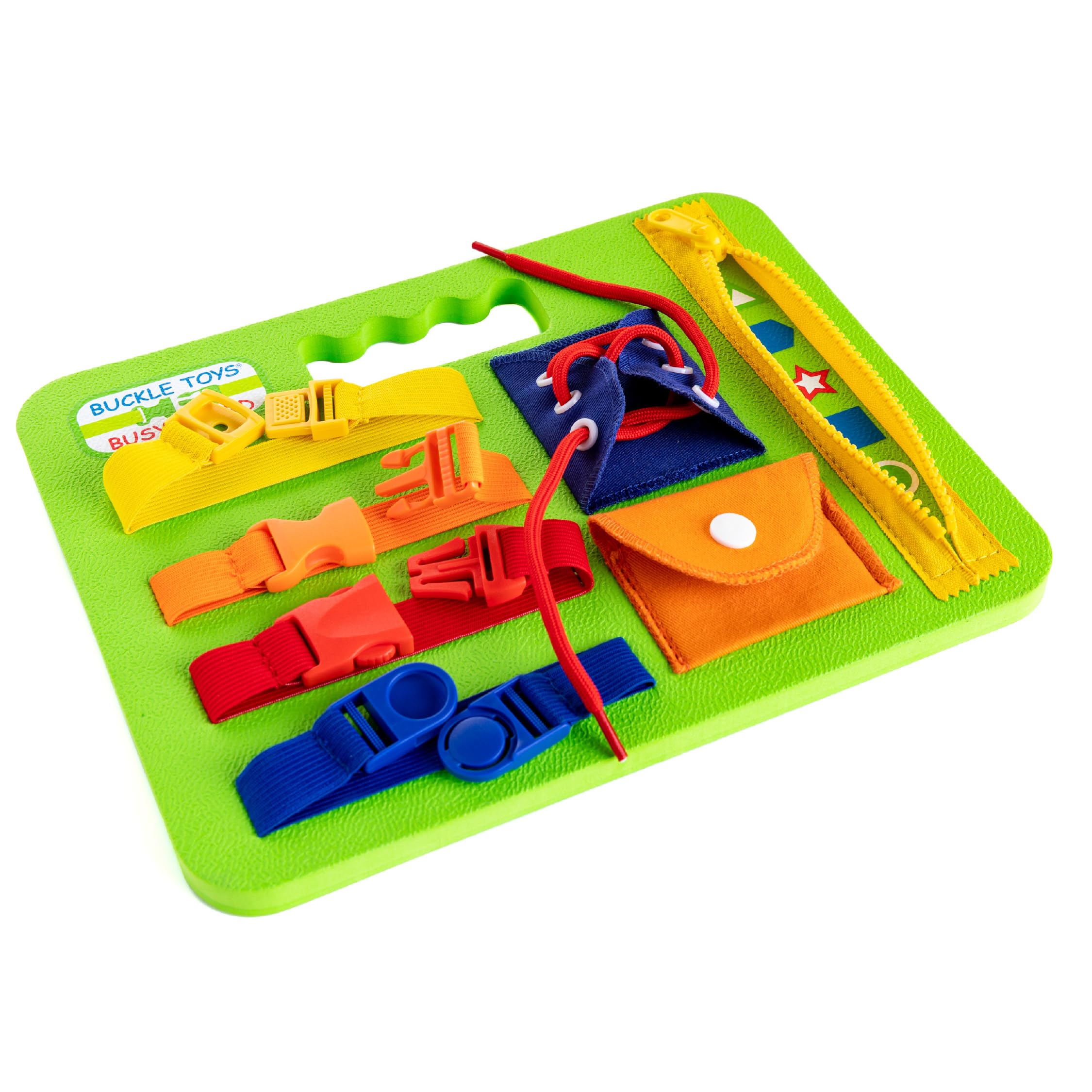 Buckle Toys Busy Board snap pocket for grip and finger control