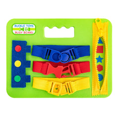 Buckle Toys mini busy board with foam base for quiet, travel-friendly play.