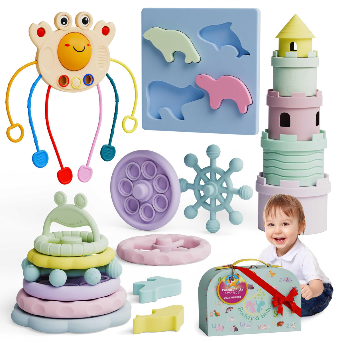 Buddy and Belle cups focus teether set promotes fine motor skills