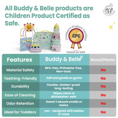 Buddy and Belle silicone teething set is dishwasher safe for easy cleanup