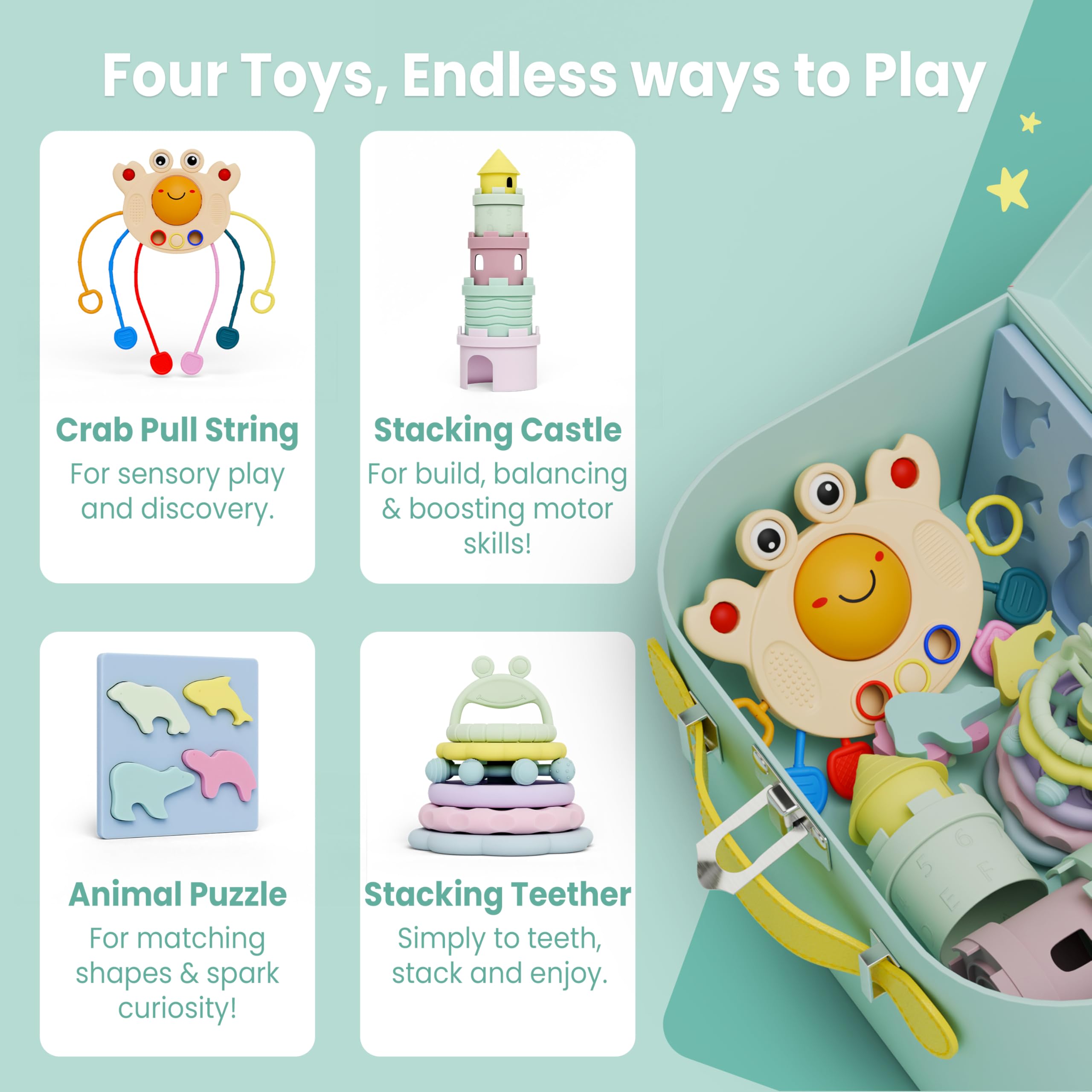 Buddy and Belle ring stacker teether for color recognition and grip development